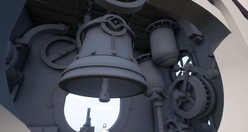Primer plano de la campana con emblema de rombo, rodeada de pistones y ruedas dentadas