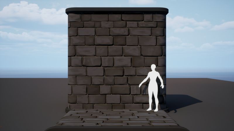 Material tileable de muro de ladrillo en un cubo de prueba de UE5, con un maniquí de escala
