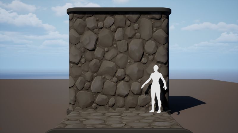 Material tileable de camino de roca en un cubo de prueba de UE5, con un maniquí de escala