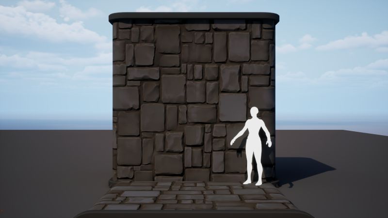 Material tileable de muro de sillares en un cubo de prueba de UE5, con un maniquí de escala
