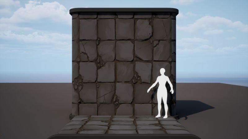 Material tileable de baldosas de piedra agrietadas en un cubo de prueba de UE5, con un maniquí de escala