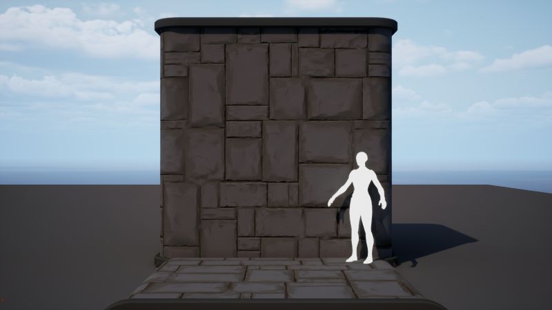 Material tileable de suelo de losas de piedra en un cubo de prueba de UE5, con un maniquí de escala