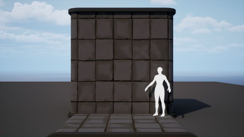 Material tileable de baldosas de piedra en un cubo de prueba de UE5, con un maniquí de escala