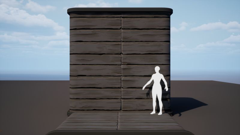 Material tileable de tablones de madera en un cubo de prueba de UE5, con un maniquí de escala