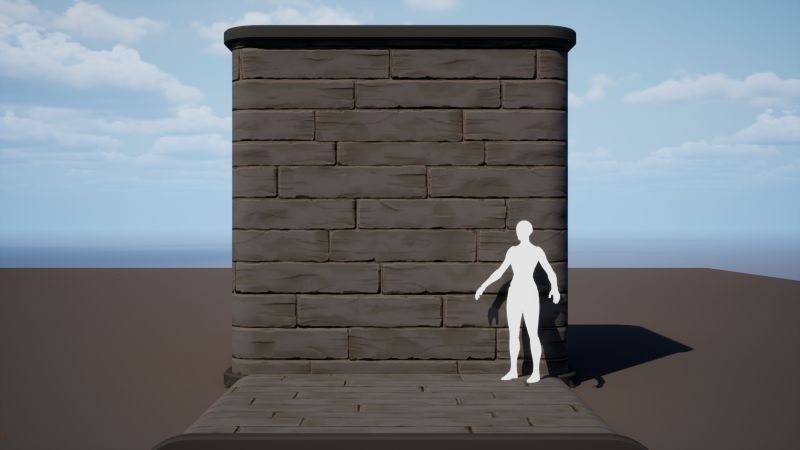 Material tileable de tablas de madera en un cubo de prueba de UE5, con un maniquí de escala