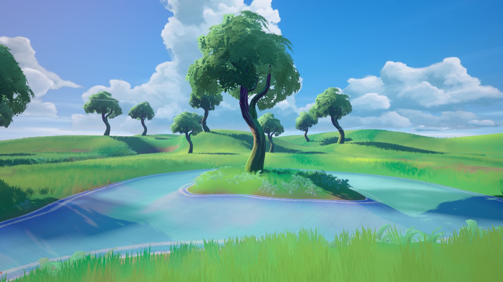 Paisaje estilizado con un lago, colinas y árboles retorcidos bajo un cielo con nubes