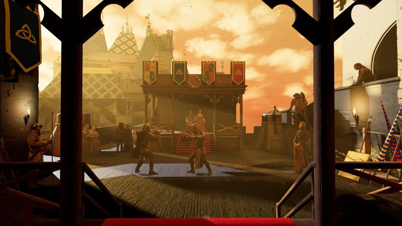 Entorno VR de Tururut: patio medieval con un duelo de espadas visto a través de arcos de madera