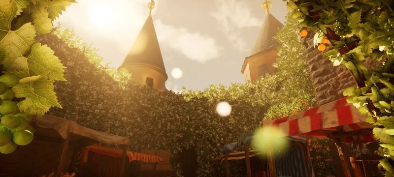 Mercado medieval al atardecer: puestos con toldos de rayas, vides y torres cónicas