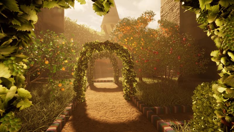 Jardín amurallado con un arco de enredadera, naranjos y un camino de tierra