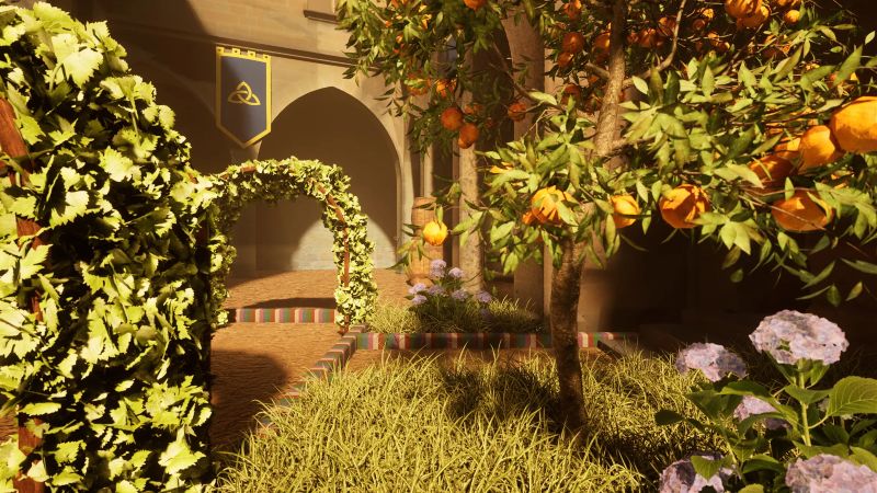 Patio con naranjos, hortensias y un estandarte bajo arcos de piedra