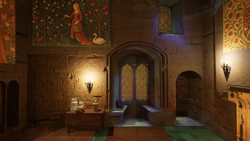 Estancia de castillo con tapices, vidrieras y apliques de luz cálida